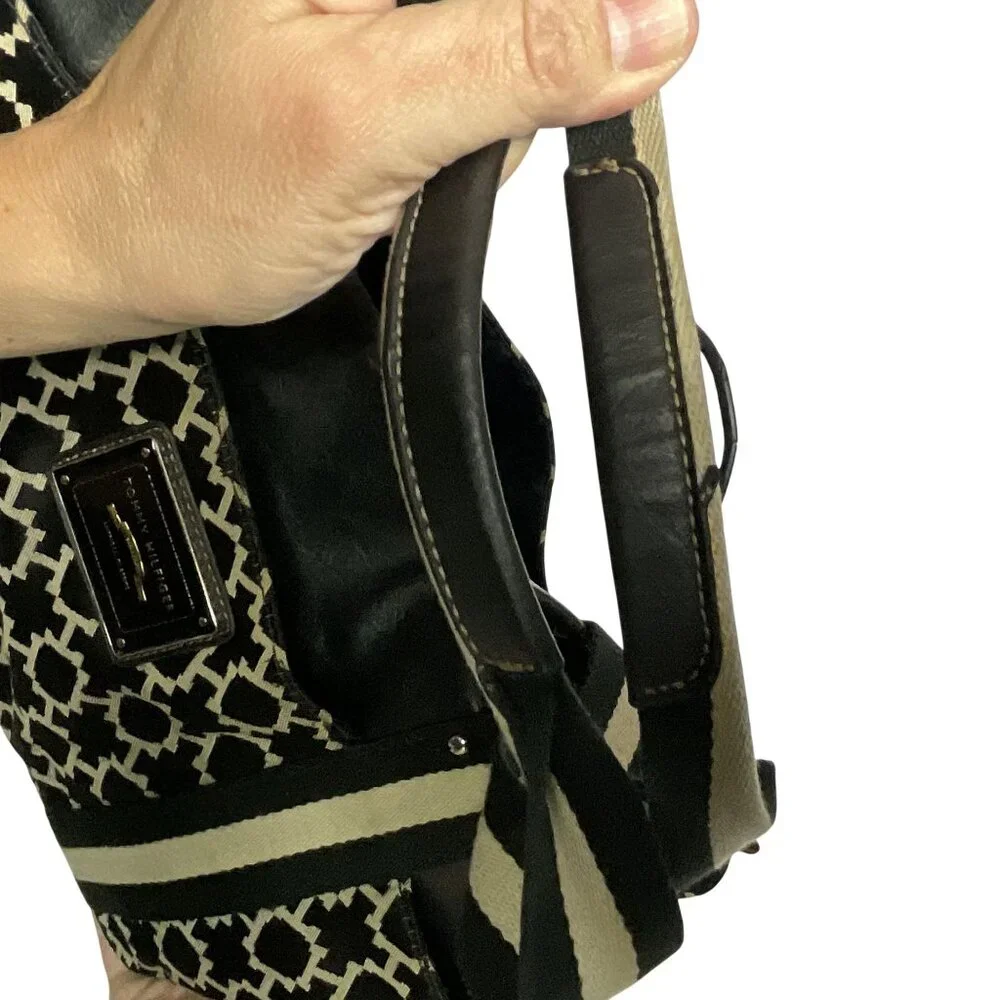 Tommy Hilfiger TH logo jacquard tote bag in brown & beige with faux leather trim